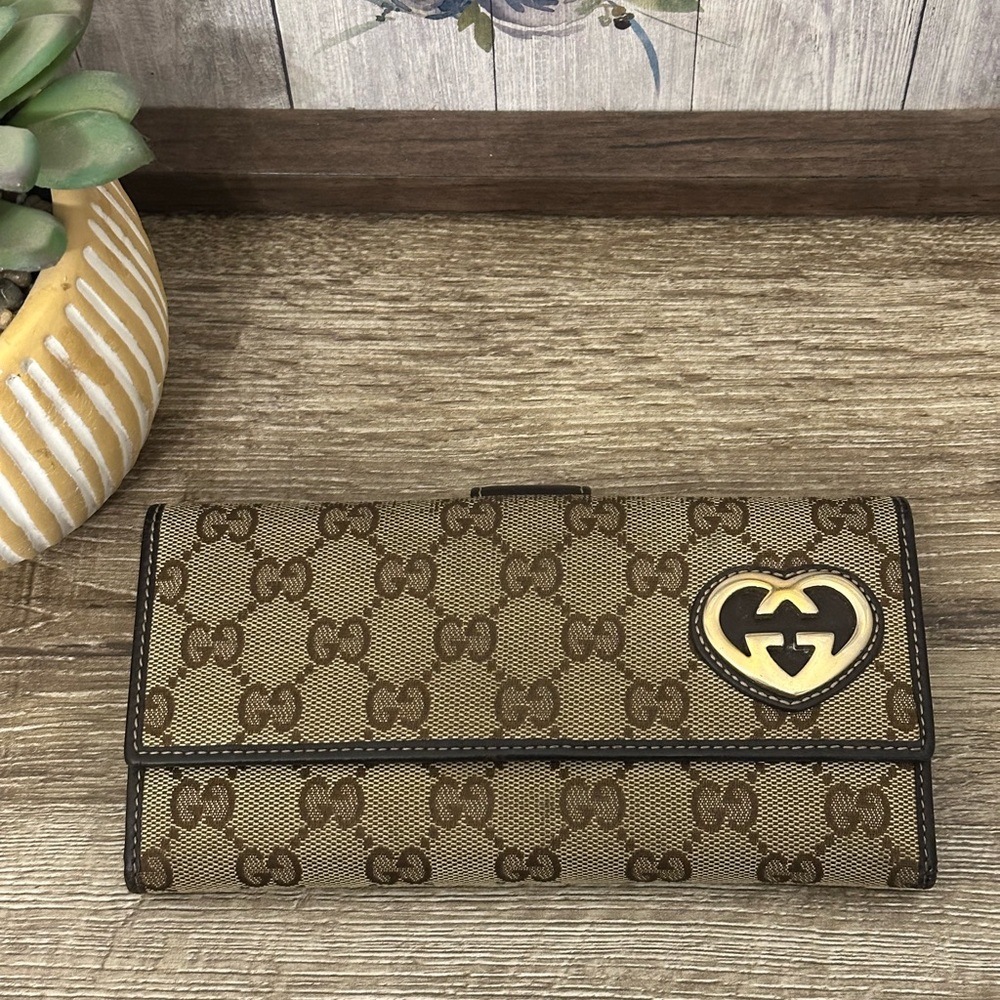 Gucci Lovely Heart Continental Wallet Brown 100% Authentic